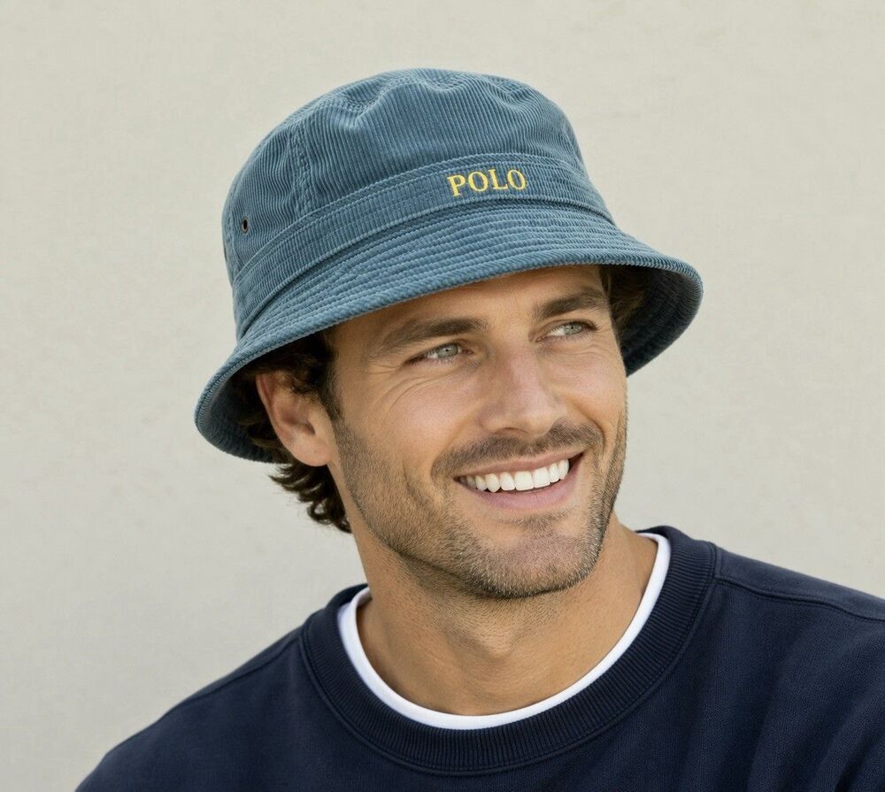 Vintage Polo Ralph Lauren Corduroy Bucket Hat Blue Yellow POLO Spell Out RARE